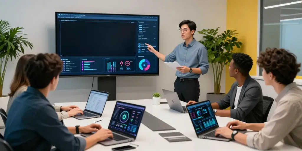 Enterprise AI team collaborating in a high-tech workspace with data visualizations.