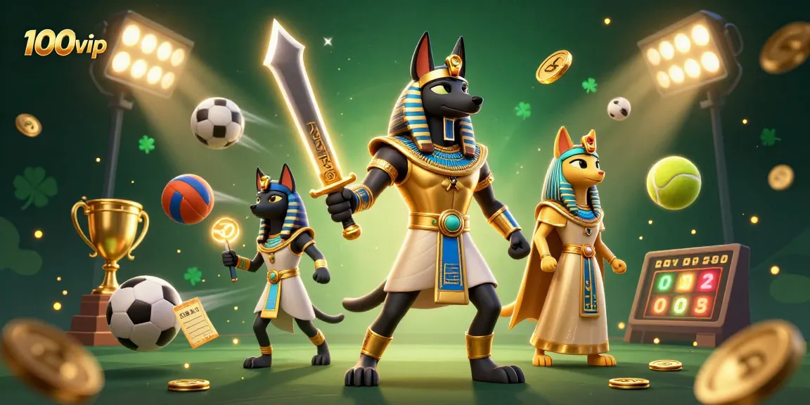 Experience immersive gaming at 100vip with Anubis and Bastet in a dynamic casino scene.