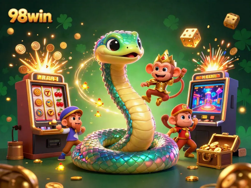 Experience the vibrant world of 98win as the rainbow serpent and monkey king celebrate casino jackpots and games.