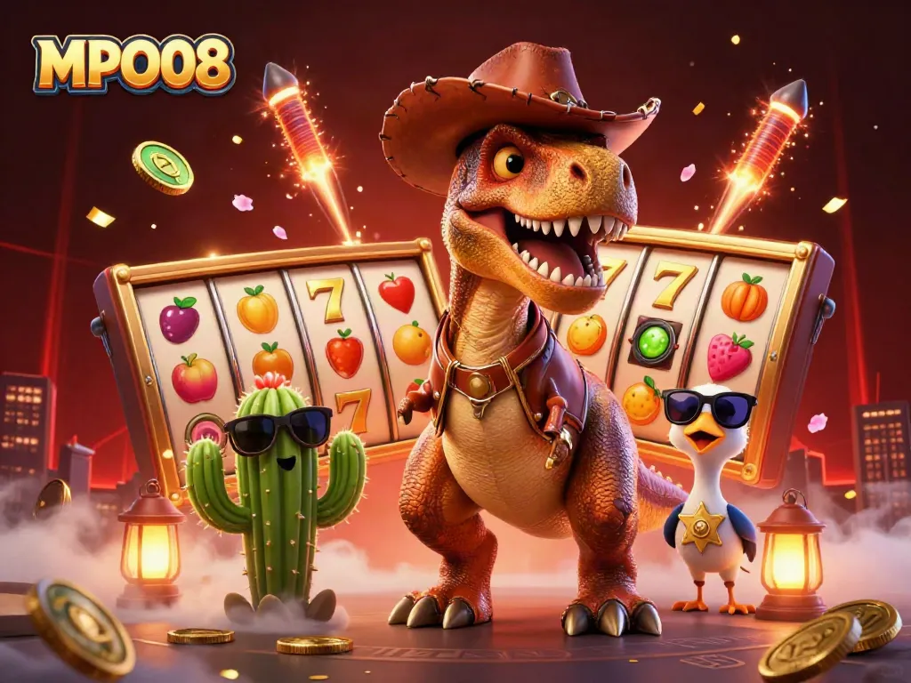MPO08 offers an exciting slot experience with colorful reels and jackpot visuals enhanced by a dynamic cowboy dinosaur scene.