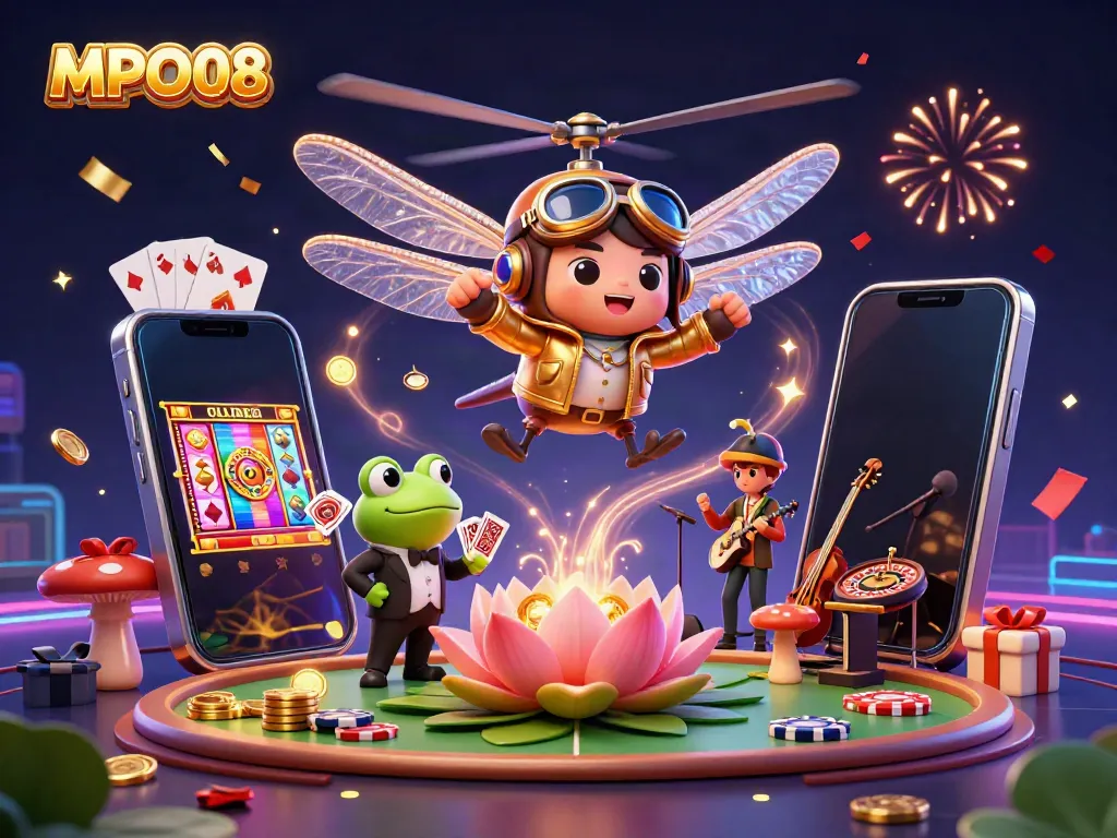 MPO08 connects players to exciting casino experiences with golden coins, a frog dealer, and vibrant slot games.
