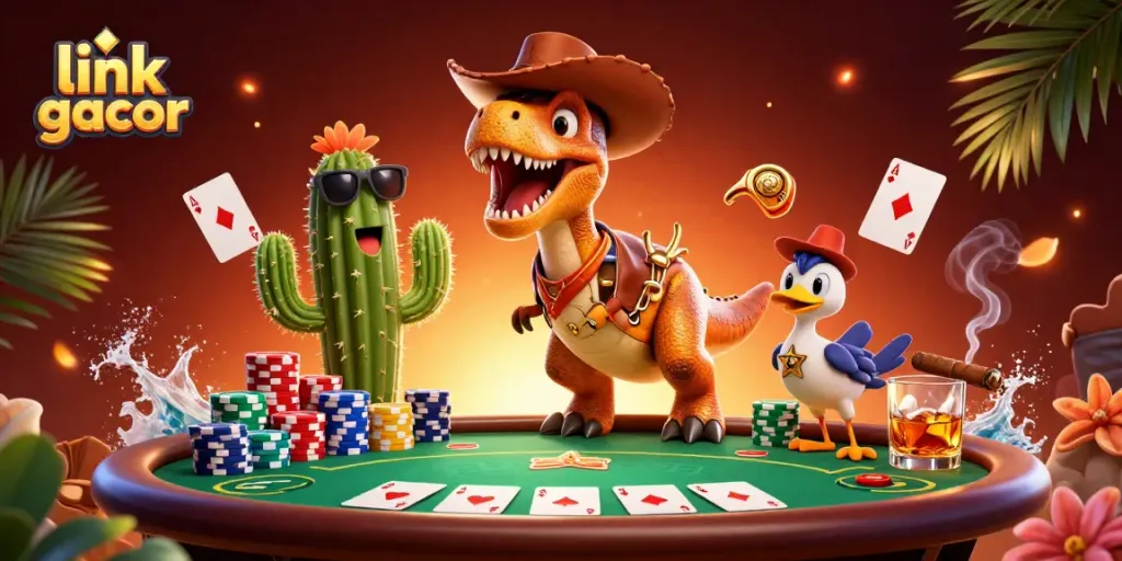 Experience the thrill of winning with link gacor in this colorful 3D casino illustration featuring dynamic characters and rich game elements.