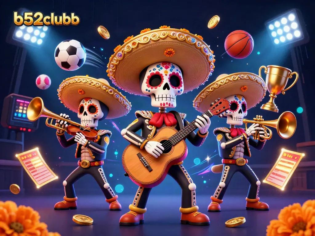 B52Clubb's thrilling casino illustration featuring a vibrant mariachi band amidst energetic sports elements.