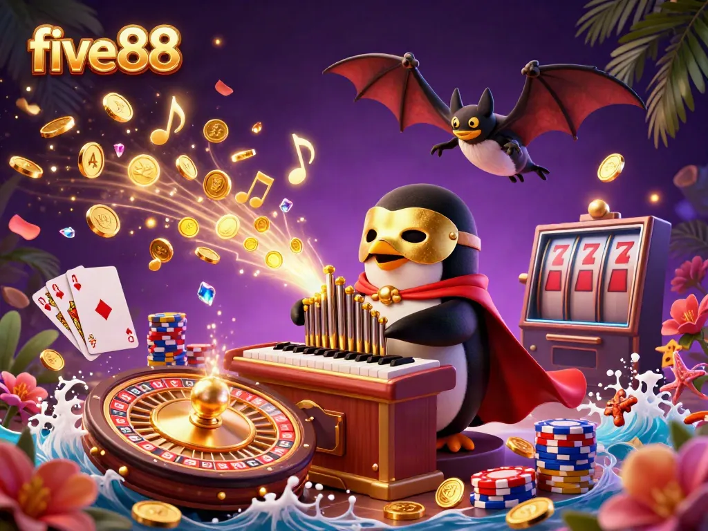 Experience the vibrant world of five88 with an animated penguin at a winning casino scene.