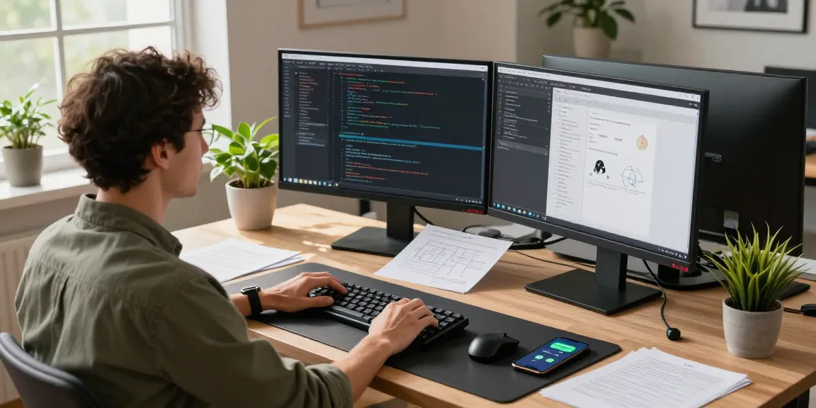 Engaged professional using WhatsApp電腦版 on dual monitors in a modern workspace