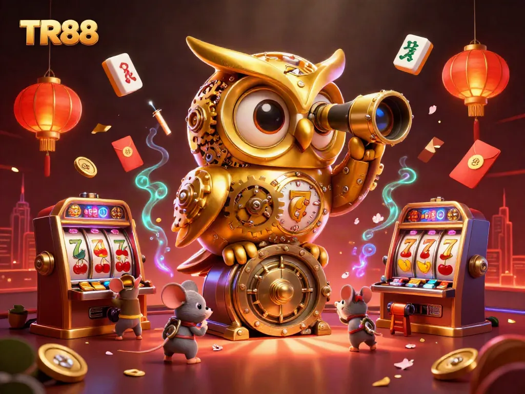 Engage with TR88's vibrant casino scene showcasing a golden owl, slot machines, and festive elements.