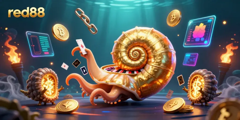 Experience red88's exciting casino atmosphere with a colorful, vibrant 3D illustration showcasing ancient nautical elements and cryptocurrency.