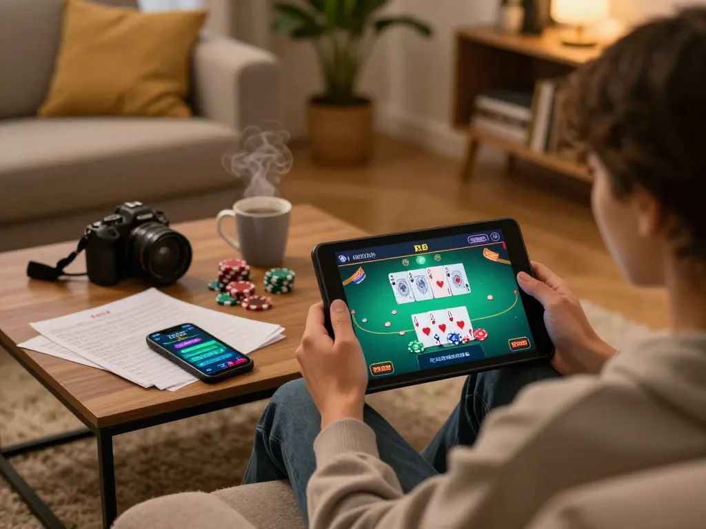 Engaging in online casino gaming with nhà cái 789WIN at a cozy home setting, featuring poker game on tablet.