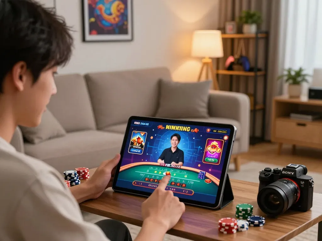 Engaging player at home enjoying online gaming at https://rr88c.mobi/ with live casino graphics and vibrant decor.