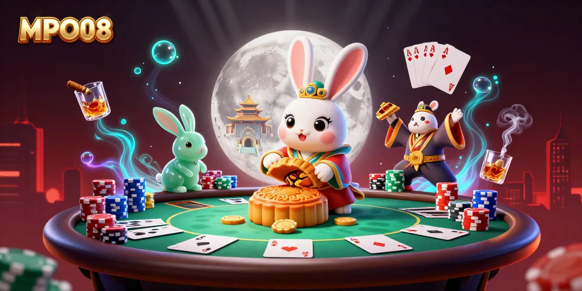 MPO08 showcases a whimsical illustration of a moon rabbit and poker elements celebrating magical casino moments.
