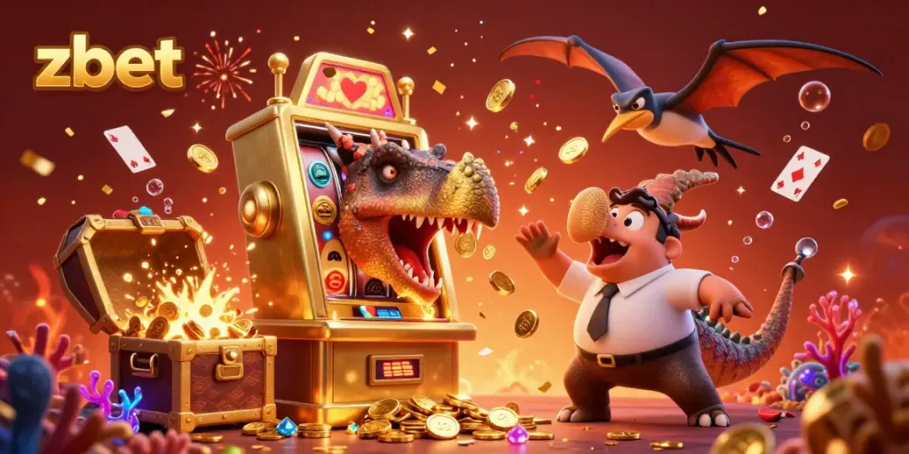 Experience the excitement of zbet with a pachycephalosaurus hitting a slot machine, surrounded by vibrant casino elements.