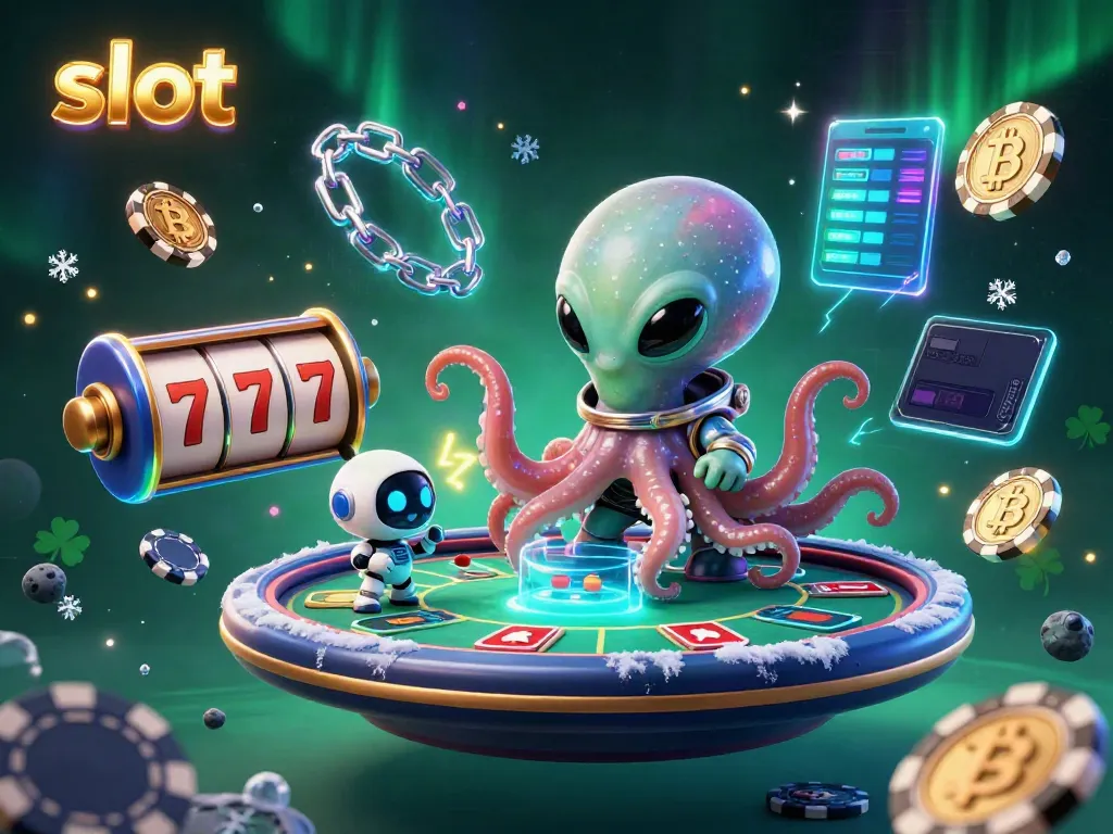 Engage in thrilling slot jackpots with a cartoon alien octopus managing holographic poker games.