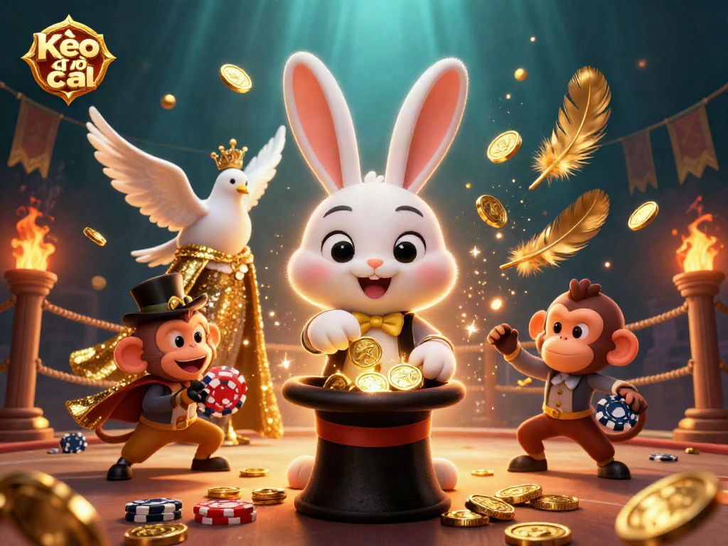 Kèo nhà cái showcases a 3D magician rabbit pulling coins, thrilling players with casino excitement.