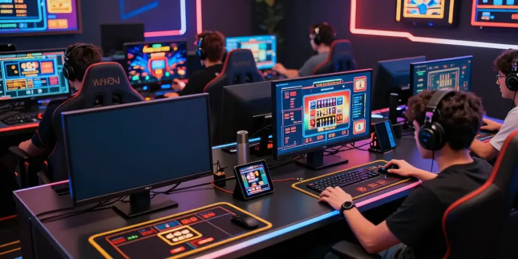 Dynamic gaming setup with multiple players enjoying the bro138 link slot games.