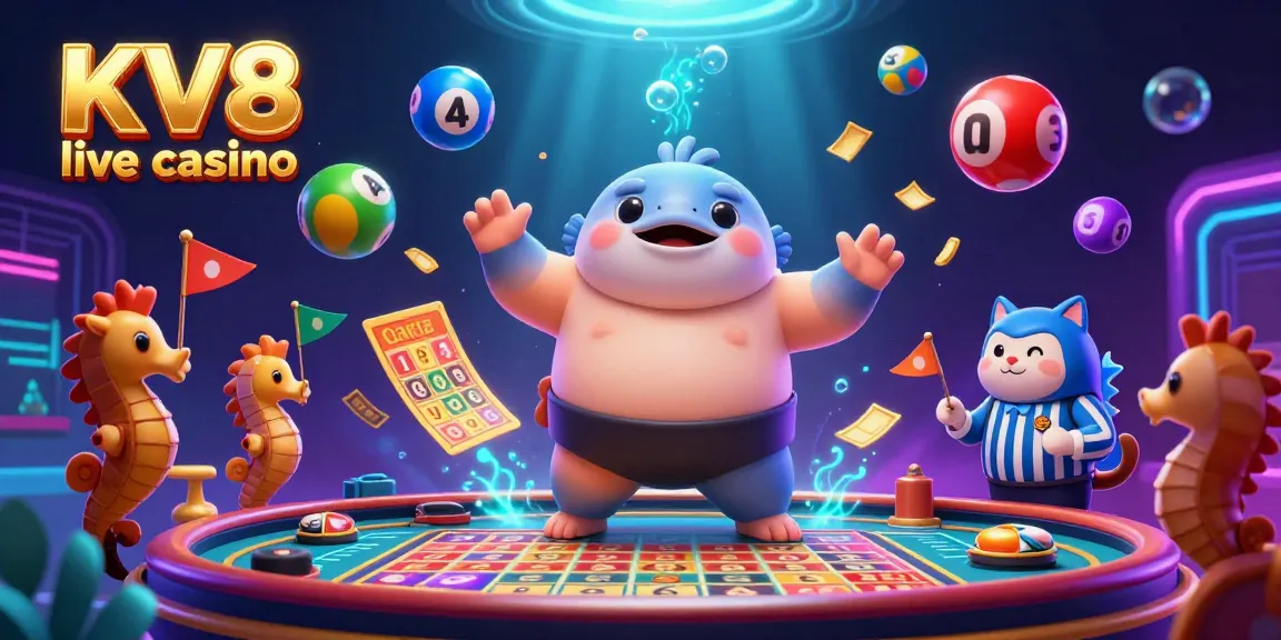 Experience the thrilling action of KV8 live casino with vibrant games, including roulette and bingo, in a dynamic 3D illustration.