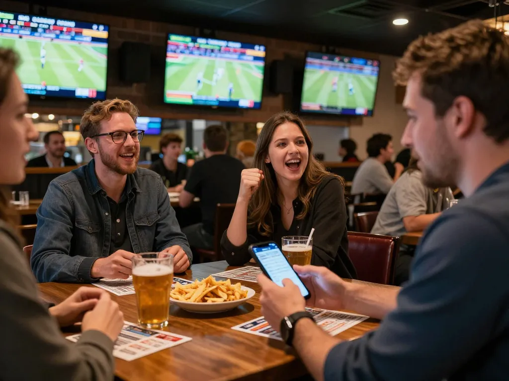 Tỷ lệ kèo nhà cái 5 enhances online sports betting experience in a lively bar.