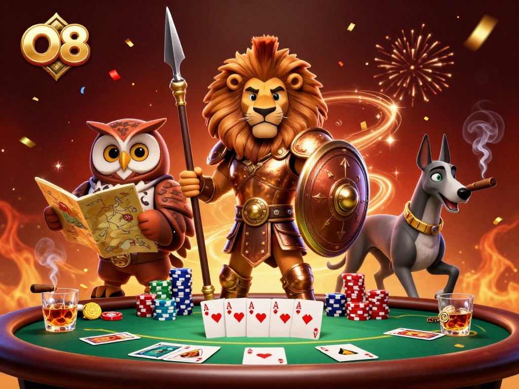 Experience strategic poker action with O8's immersive casino scene featuring a Spartan lion and tactical owl.