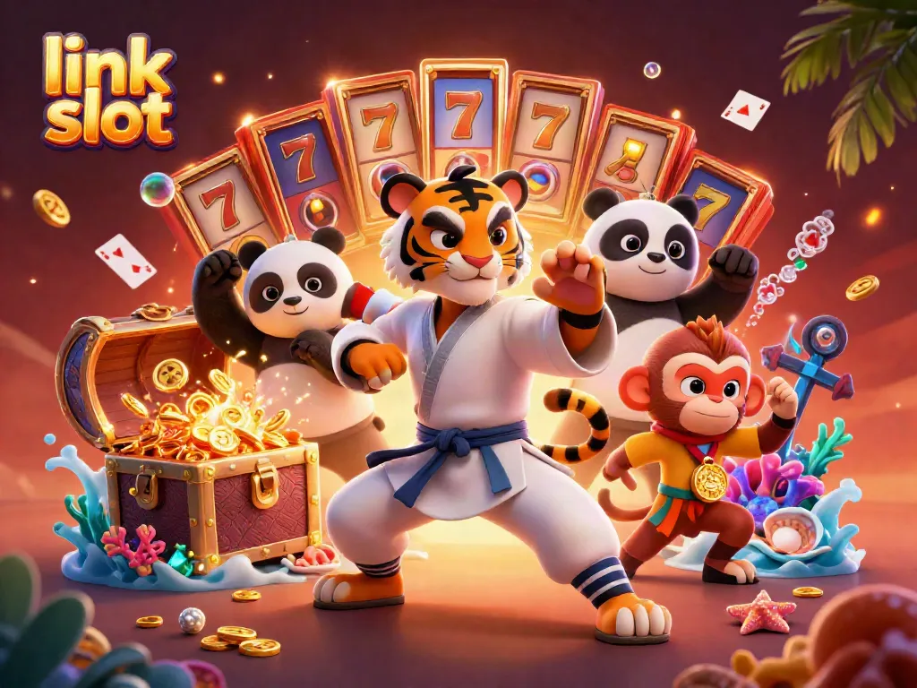 Engage with link slot action in a vibrant scene featuring a kung fu tiger, panda disciple, and monkey student surrounded by dynamic slot game elements.