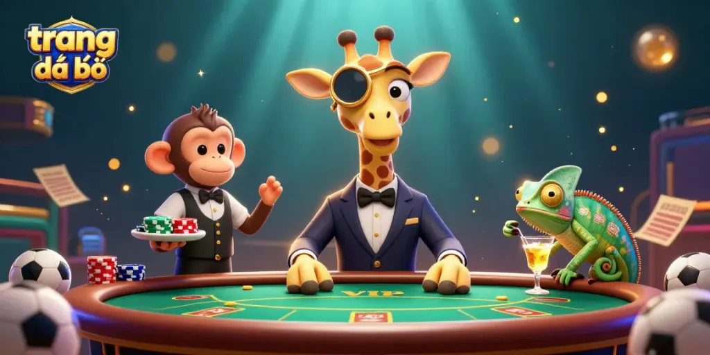 Cược bóng đá trên trang cá độ đá bóng với nhân vật hoạt hình sôi động trong không gian casino.
