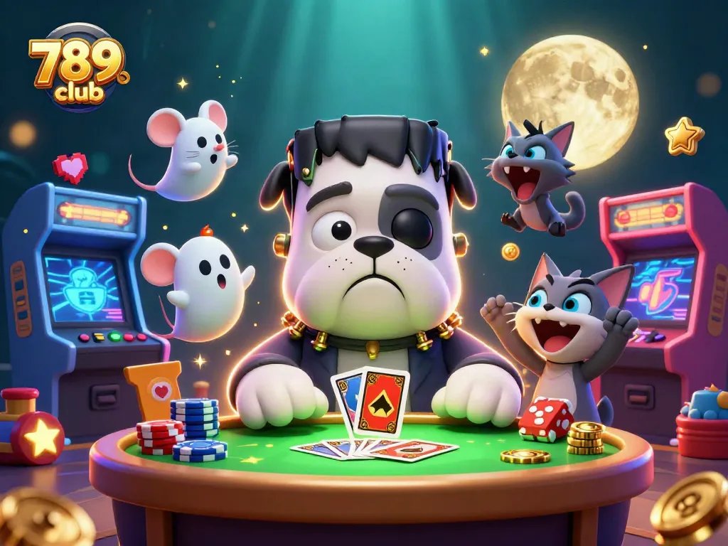 Engage in vibrant gaming fun with 789club, featuring a lively 3D monster dealer at a spooky table.