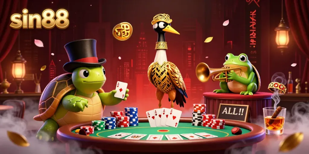 Engage with sin88 in this vibrant 3D digital illustration of a speakeasy casino scene depicting unique characters and gambling elements.