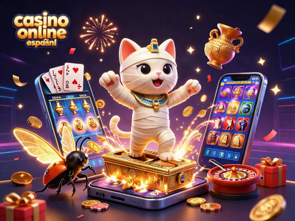 Juega en casino online español con un gato momia y un escarabajo dorado, disfrutando de emocionantes juegos.