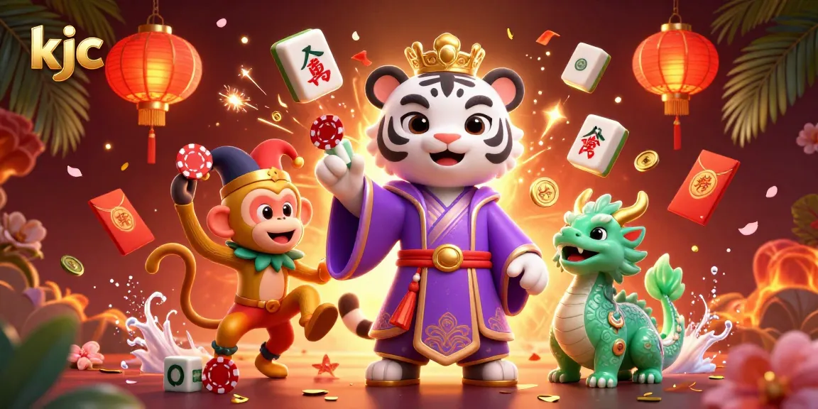 Kjc reveals spectacular casino celebration with an elegant white tiger, golden monkey juggling, and vibrant decorations.