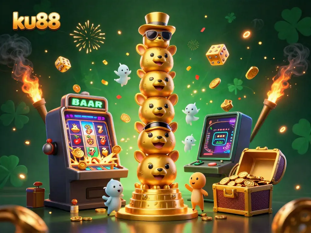 Win massive jackpots at ku88 with an exciting 3D casino illustration, showcasing vibrant gaming elements and thrilling action.