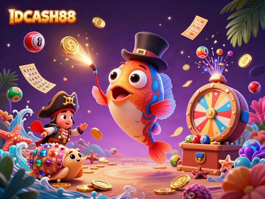 Engage with IDCASH88's dynamic casino adventure featuring vibrant characters and lively lottery elements.