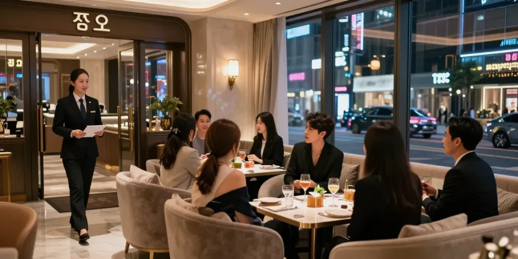 강남타이밍 쩜오의 고급스러운 내부와 환영하는 매니저의 모습