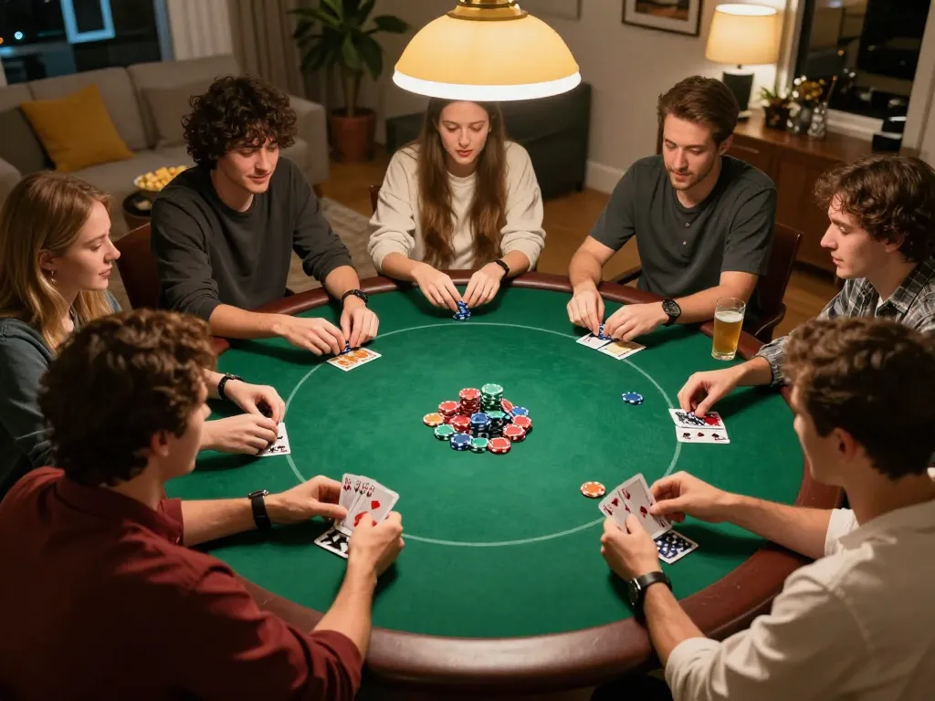 Friends engaging in a thrilling poker game at home, showcasing the excitement of taixiuonline8.