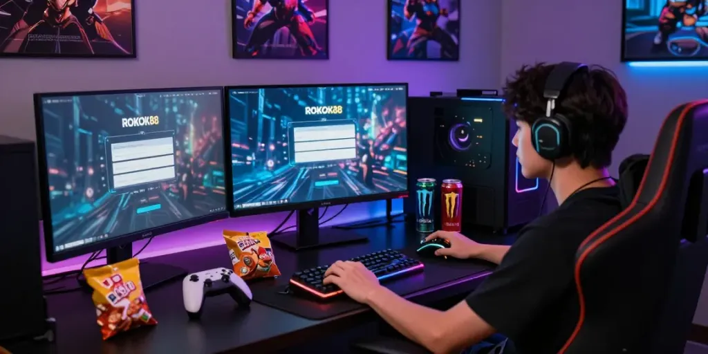 rokok88 login screen displayed in a vibrant gaming setup with immersive lighting