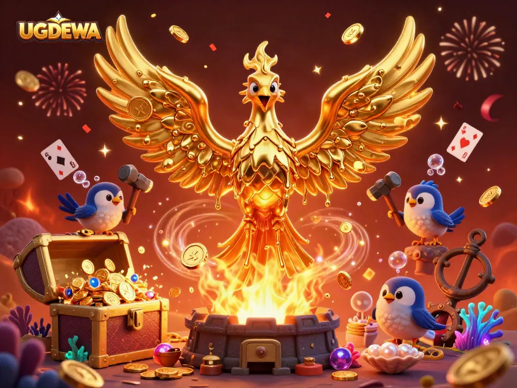 Engage with UGDEWA's immersive lottery experience featuring rich visuals of golden winnings and gaming elements.