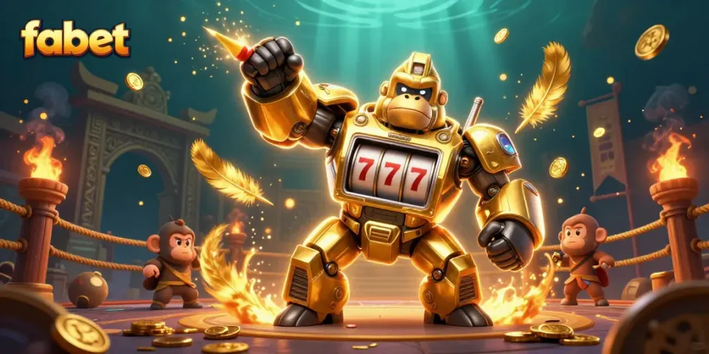 Experience the thrill of fabet with a dynamic golden gorilla mech surrounded by vibrant gambling elements.