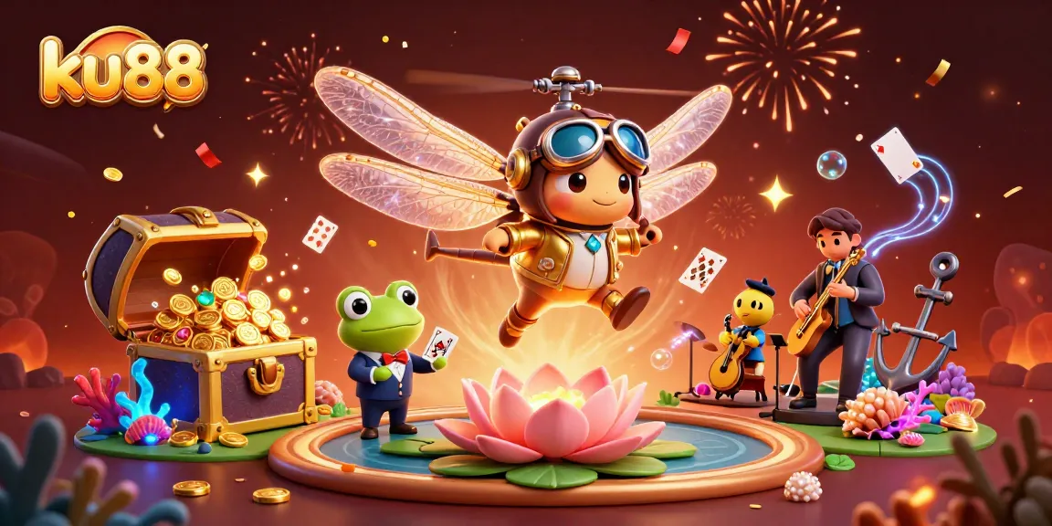 Engage with ku88's vibrant casino scene featuring a dragonfly pilot, frog dealer, and jazz musicians.