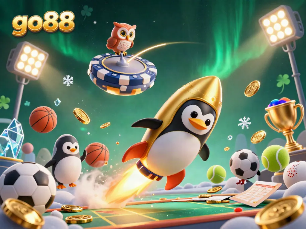 Experience the thrill of go88 with a dynamic 3D penguin flying toward a casino world, surrounded by fun game elements.