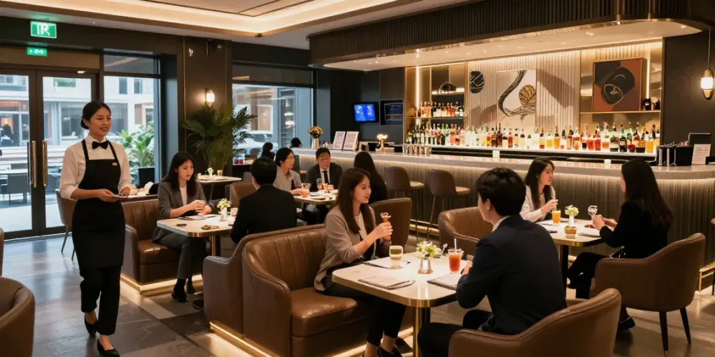 강남타이밍의 고급스러운 실내와 활기찬 분위기, 고객을 환영하는 마담의 모습.
