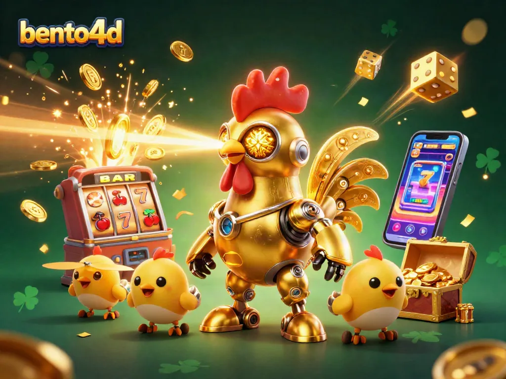 Engage in bento4d with a vibrant 3D illustration featuring a golden rooster robot and slot machine.