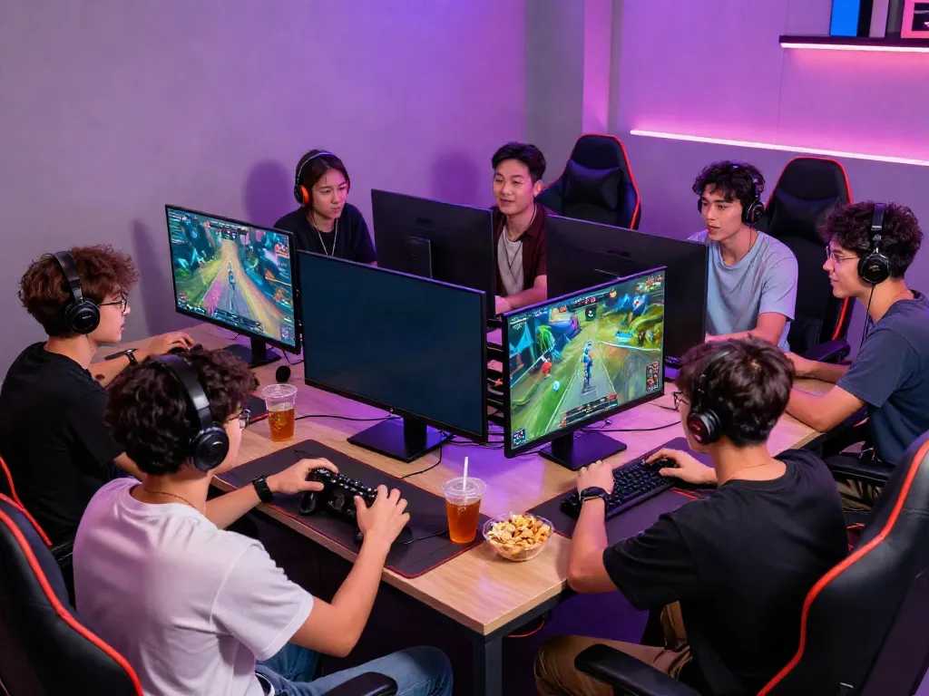 Group of friends enjoying gaming at https://hitclub3.io/ in a vibrant lounge.