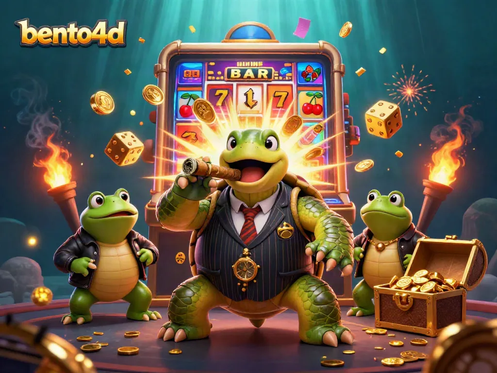 Bento4d engages players with vibrant casino action featuring a massive turtle and bullfrog enforcers.