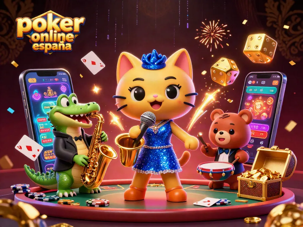 Juega al póker online en España en una vibrante escena con personajes divertidos y elementos de juego.