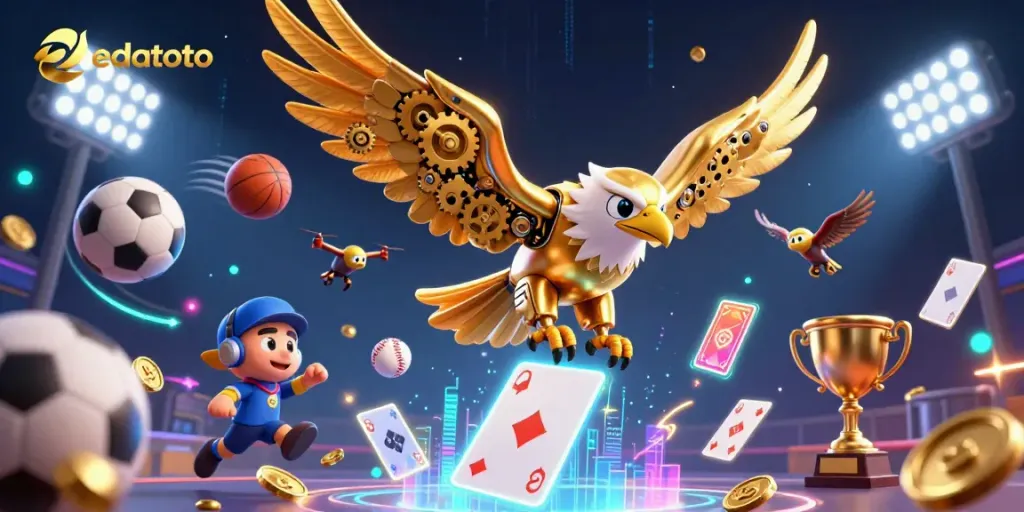 Experience dynamic sports betting action with edatoto, as a cybernetic eagle and sports elements fly together in excitement.