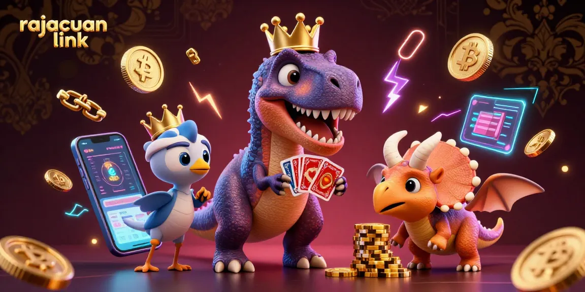 Play thrilling casino games with rajacuan link, featuring a T-Rex shuffling cards and crypto elements.