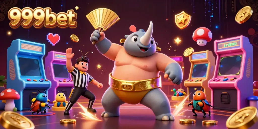 Experience thrilling gameplay with 999bet as the sumo beetle stomps coins in a vibrant casino scene.