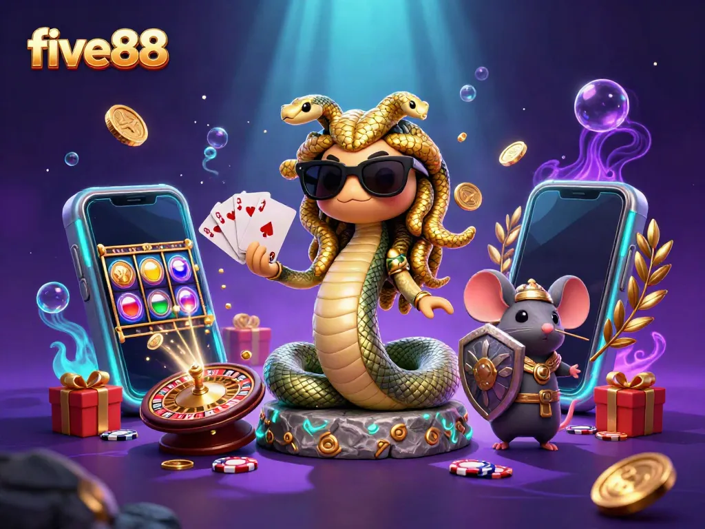 Experience the fun at five88 with a vibrant casino-themed illustration featuring Medusa, a warrior mouse, and gaming elements.