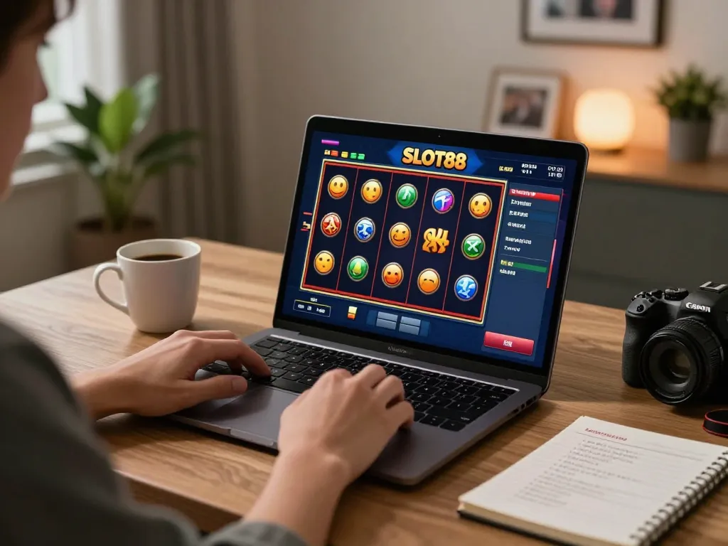 SLOT88 online gaming session with player focused on vibrant slot machine reels and strategy notebook.