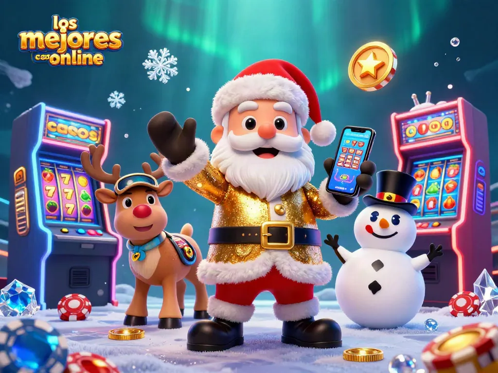 Los mejores casinos online muestran un Santa Claus alegre rodeado de máquinas tragamonedas y juegos vibrantes.