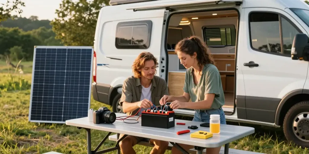 rokok88 slot login visualizing campers setting up solar panels on their van.