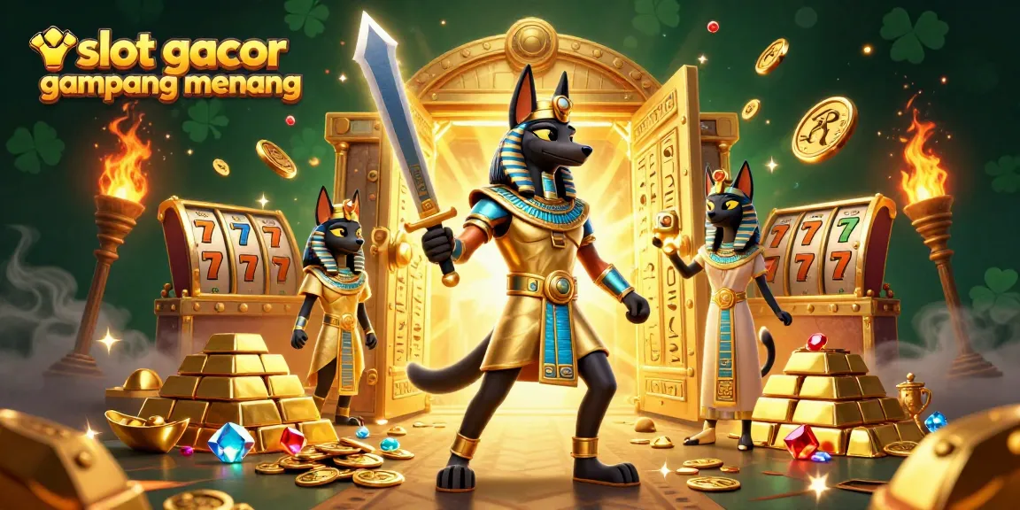 Win big with slot gacor gampang menang set in a rich, vibrant Egyptian-themed digital art scene.