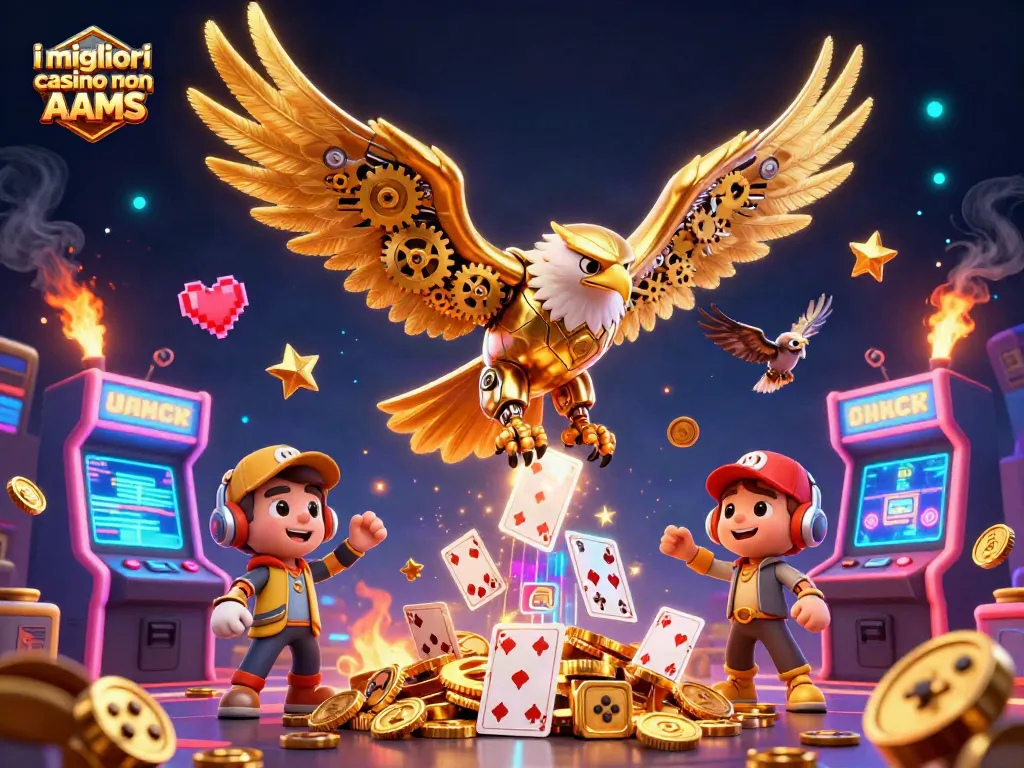 Gioca nei migliori casino non AAMS con un'aquila dorata cybernetica tra carte olografiche e elementi da gioco.